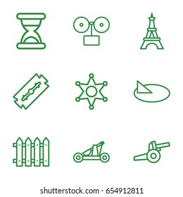 Old icons set. set of 9 old outline icons such as eiffel tower, razor, fence, sheriff, sundial, hourglass, catapult, cannon