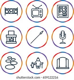 Old icons set. set of 9 old outline icons such as gate, fence, tv, microphone, spear, abacus, old woman and child, fireplace