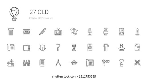 old icons set. Collection of old with camcorder, telephone, compass, egypt, pierrade, tickets, column, smartphone, marshall, sickle, television. Editable and scalable old icons.