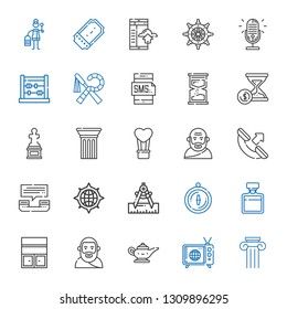 old icons set. Collection of old with column, tv, magic lamp, plato, bookshelf, whiskey, compass, phone call, socrates, hot air balloon, sculpture. Editable and scalable old icons.