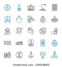 old icons set. Collection of old with hourglass, candelabra, anchor, tv, compass, smartphone, sword, ticket, microphone, vinyl, tap, hand mirror. Editable and scalable old icons.