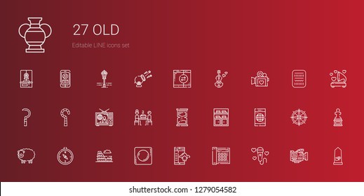 old icons set. Collection of old with microphone, telephone, smartphone, record, colosseum, compass, sheep, bookshelf, hourglass, korean, television. Editable and scalable old icons.