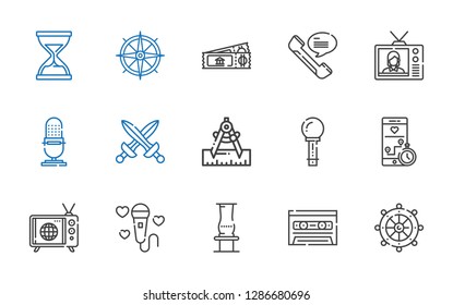 old icons set. Collection of old with rudder, cassette, vase, microphone, tv, smartphone, compass, swords, television, phone, ticket, hourglass. Editable and scalable old icons.