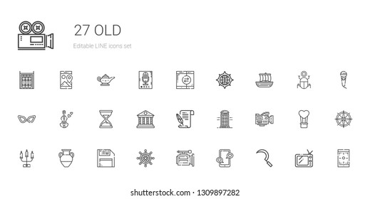 old icons set. Collection of old with sickle, smartphone, video camera, rudder, diskette, vase, candelabra, phone booth, literature, parthenon. Editable and scalable old icons.
