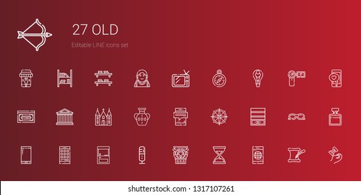 old icons set. Collection of old with smartphone, hourglass, column, microphone, arcade, bookshelf, compass, vase, church, parthenon, vhs, hot air balloon. Editable and scalable old icons.