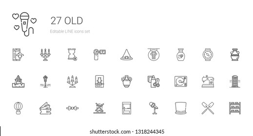 old icons set. Collection of old with top hat, microphone, arcade, windmill, bow tie, tickets, hot air balloon, turntable, handcraft, vase, candelabra. Editable and scalable old icons.