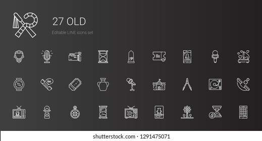 old icons set. Collection of old with windmill, vase, television, hourglass, wind rose, lantern, compass, castle, microphone, ticket, phone, smartphone. Editable and scalable old icons.