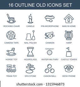 old icons. Trendy 16 old icons. Contain icons such as rocking chair, candle, pin microphone, man in home, camera tape, nail polish, cannon, harp. old icon for web and mobile.