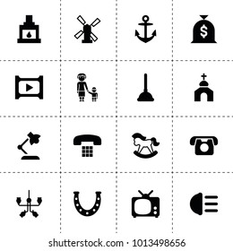 Old icons. vector collection filled old icons. includes symbols such as horseshoe, windmill, table lamp, tv, hight beem light, chandelier. use for web, mobile and ui design.