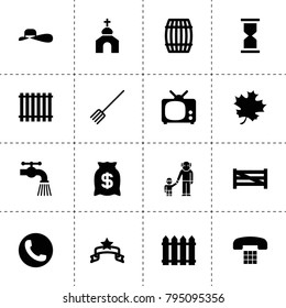 Old icons. vector collection filled old icons. includes symbols such as pitchfork, barrel, fence, sand watch, tv, water tap, acer leaf. use for web, mobile and ui design.