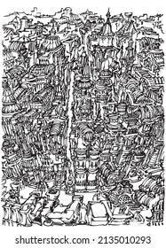 Old, imaginary city, freehand drawn black and white marker illustration