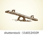Old imbalance rocker totter see saw sween on white background. Line brown ink hand drawn logo emblem sketchy in art retro scribble cartoon graphic style pen on paper. Close up view with space for text