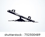 Old imbalance rocker totter see saw sween on white background. Line black ink hand drawn logo emblem sketchy in art retro scribble cartoon graphic style pen on paper. Close up view with space for text
