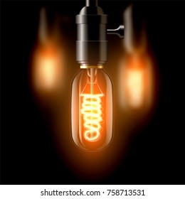 Old incandescent lamp, oval in shape. On a dark background. Creates a cosiness. eps 10