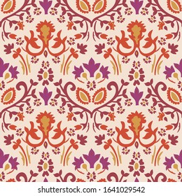 Old indian arabesque damask seamless vector pattern. Ornate spice color marsala red yellow middle eastern style  background. Vintage ethnic decorative floral medallion all over print