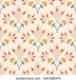 Old indian arabesque damask seamless vector pattern. Ornate spice color marsala red yellow middle eastern style background. Vintage ethnic decorative floral medallion all over print