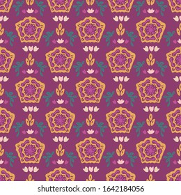 Old indian arabesque damask seamless vector pattern. Ornate spice color marsala red yellow middle eastern style  background. Vintage ethnic decorative floral medallion all over print