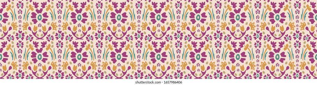 Old indian arabesque damask seamless border pattern. Ornate spice color marsala red yellow middle eastern style  vector background. Vintage ethnic decorative floral medallion banner. Ribbon trim edge.