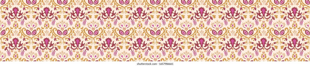 Old indian arabesque damask seamless border pattern. Ornate spice color marsala red yellow middle eastern style  vector background. Vintage ethnic decorative floral medallion banner. Ribbon trim edge.
