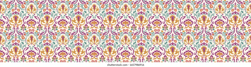 Old indian arabesque damask seamless border pattern. Ornate spice color marsala red yellow middle eastern style  vector background. Vintage ethnic decorative floral medallion banner. Ribbon trim edge.