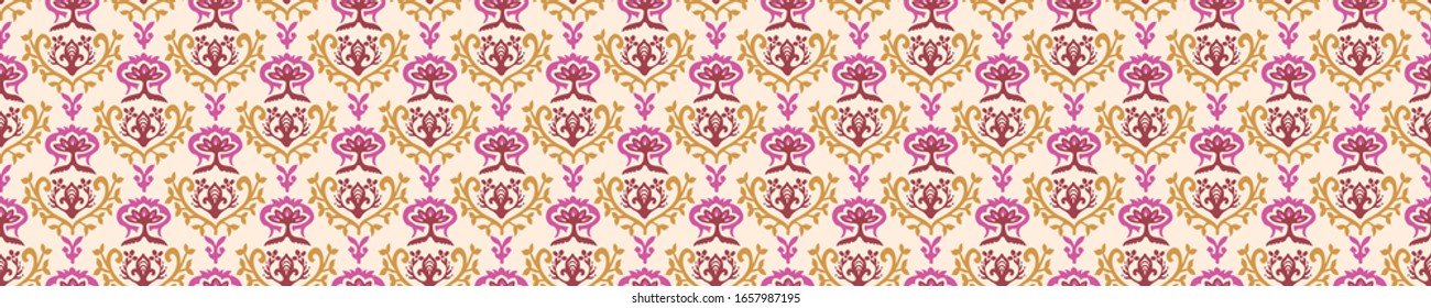 Old indian arabesque damask seamless border pattern. Ornate spice color marsala red yellow middle eastern style  vector background. Vintage ethnic decorative floral medallion banner. Ribbon trim edge.
