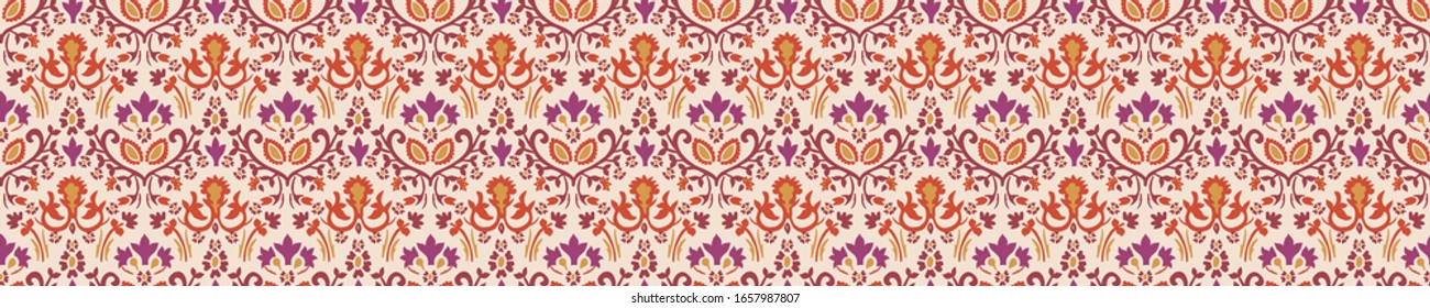 Old indian arabesque damask seamless border pattern. Ornate spice color marsala red yellow middle eastern style  vector background. Vintage ethnic decorative floral medallion banner. Ribbon trim edge.