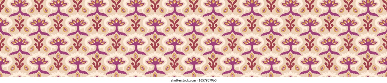 Antiguo amortiguador arabesco indio sin fisuras características de borde. Color ornato marsala amarillo rojo estilo medio oriental fondo vectorial. Pancarta de medallón floral decorativa de época. Borde de guarnecido de cinta de opciones.