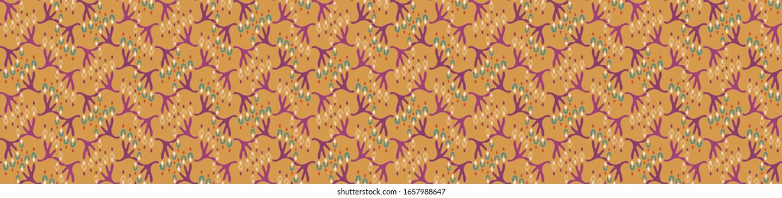 Old indian arabesque damask seamless border pattern. Ornate spice color marsala red yellow middle eastern style  vector background. Vintage ethnic decorative floral medallion banner. Ribbon trim edge.