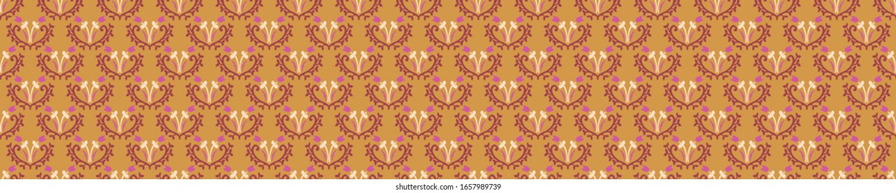 Old indian arabesque damask seamless border pattern. Ornate spice color marsala red yellow middle eastern style  vector background. Vintage ethnic decorative floral medallion banner. Ribbon trim edge.