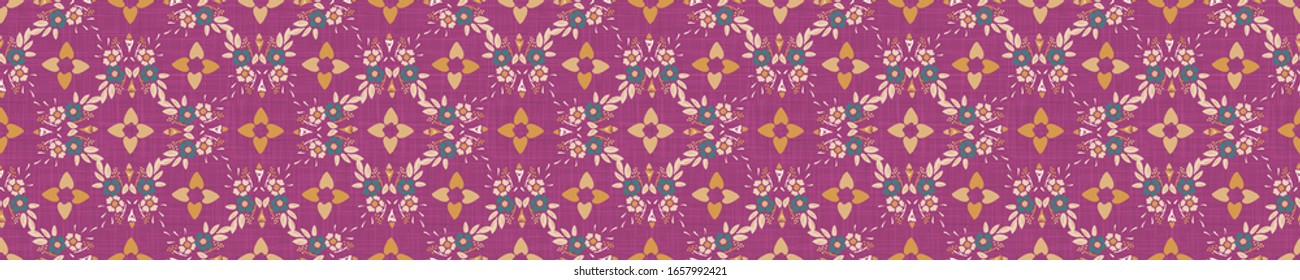 Old indian arabesque damask seamless border pattern. Ornate spice color marsala red yellow middle eastern style  vector background. Vintage ethnic decorative floral medallion banner. Ribbon trim edge.
