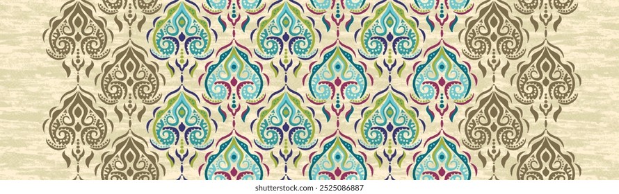 Old indian arabesque damask seamless border pattern. Ornate spice color marsala red yellow middle eastern style vector background. Vintage ethnic decorative floral medallion banner. Ribbon trim edge.
