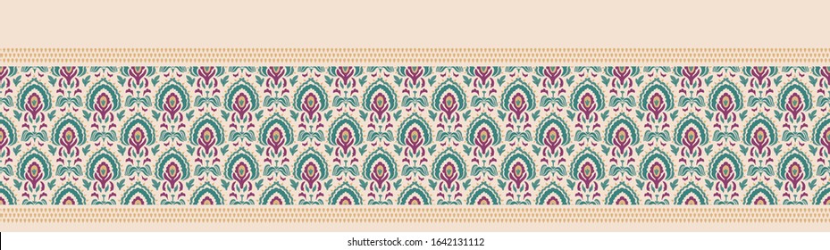 Old indian arabesque paisley buta leaf seamless vector border pattern. Ornate spice color middle eastern banner background. Vintage ethnic decorative floral foulard medallion ribbon trim edging.
