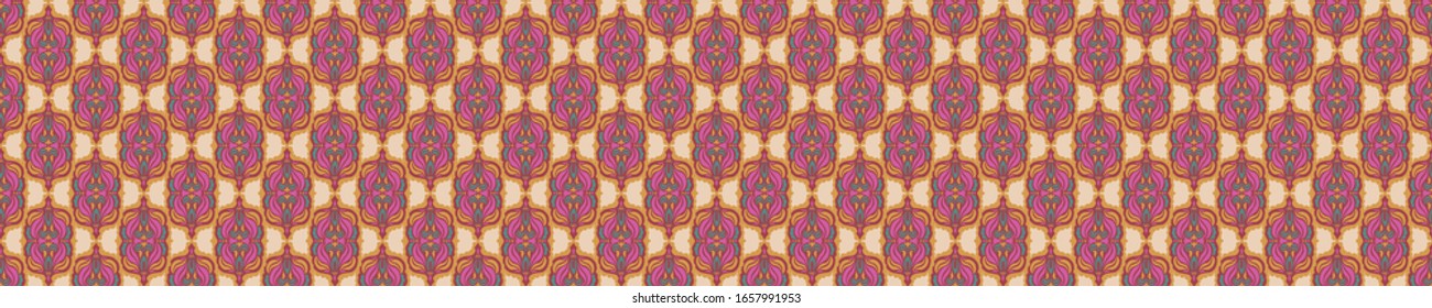 Old indian arabesque paisley buta leaf seamless vector border pattern. Ornate spice color middle eastern style banner background. Vintage ethnic decorative floral foulard medallion ribbon trim edge
