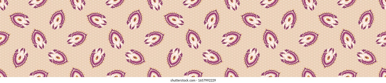 Old indian arabesque paisley buta leaf seamless vector border pattern. Ornate spice color middle eastern style banner background. Vintage ethnic decorative floral foulard medallion ribbon trim edge
