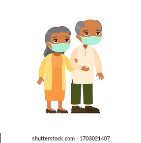 Old  indian  couple in medical masks. Senior couple walking together. Elderly woman holds arm of elderly man. Respiratory viral infections or allergies concept. Vector illustration