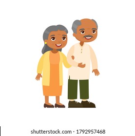 Old indian couple. Senior couple smiling and walking together. Elderly woman holds arm of elderly man. Happy married life concept. Vector illustration