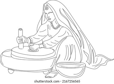 Old Indian Flour Machine vector, Indian Flour Machine calling Chakki sketch drawing, Indian woman working on flour machine