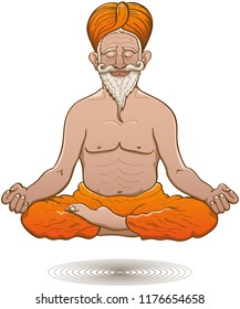 Old Indian Guru With Dark Skin, Handlebar Mustache, Long White Beard And Orange Turban And Pants While Floating In Deep Meditation. He Shows A Placid Half-smile While Seated In Half-lotus Posture