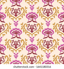 Old indian luxe gold arabesque damask seamless vector pattern. Ornate fuchsia pink persian flourish. Middle eastern style indienne background. Vintage ethnic decorative floral medallion all over print