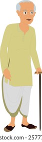 Old Indian male character. Old man in dhoti and kurta with a walking stick. Rich old man in traditional dress. Bengali north Indian grandfather character full body.