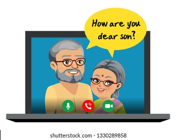 An old Indian man and woman are speaking on a video call on their laptop with their son and asking him "How are you dear son"