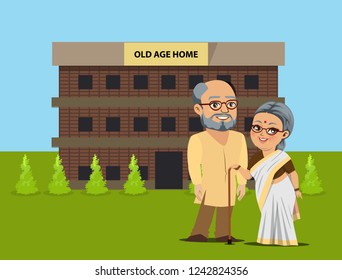 An old Indian man and woman are standing outside an old age home. 