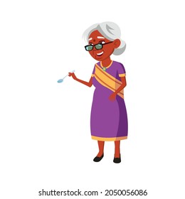 Old Indian Woman Taste Dish In Canteen Cartoon Vector. Old Indian Woman Taste Dish In Canteen Character. Isolated Flat Cartoon Illustration