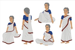 Old Indian Woman With White Saree Character Set, All Views