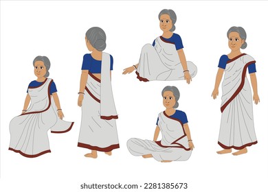 Old Indian woman with White saree character set, All Views