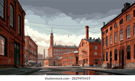 Old Industrial Complex Red Brick Buildings Street View Illustration