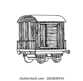 viejo vagón industrial de carga hecho de tablas de madera, logística, transporte de carga ferroviaria, ilustración vectorial con líneas de contorno negro aisladas en un fondo blanco en un doodle y estilo dibujado a mano