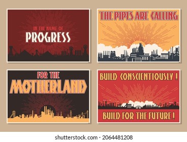 Old Industrial Propaganda Posters Style Illustration Set, Factory, Plant Silhouettes Background