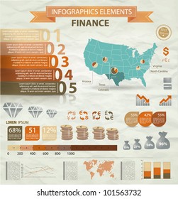 Old infographics set. USA Map and Information Graphics with finance icons.Easy to edit