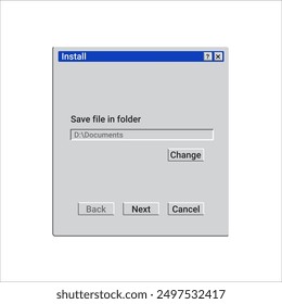 Old installation program window with path of file. Retro software for computer in blue color.